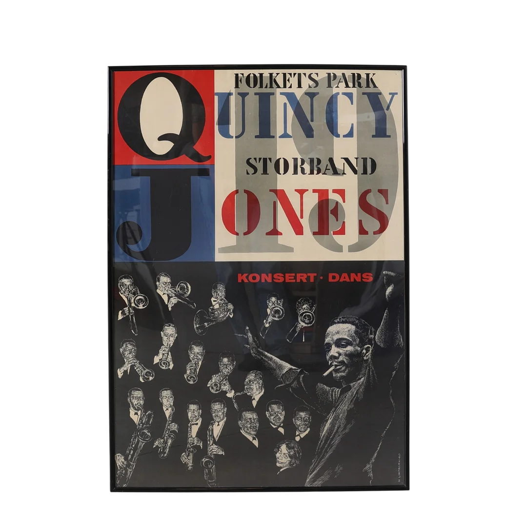 HASSE LINDROTH. affisch, Quincy Jones, tryckt på silkespapper, begränsad upplaga på 200 exemplar. — Engravings & Prints — Gomér & Andersson Nyköping