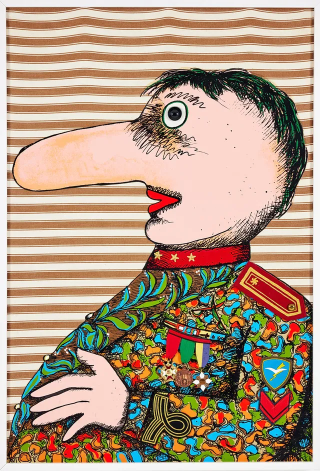 ENRICO BAJ. "Le Baron Gay de Vernon", multipel, färgserigrafi och kollage, 1971. 90 x 60 cm.