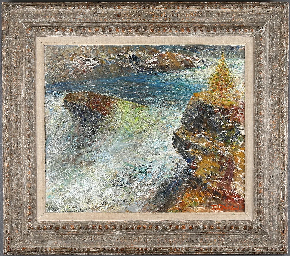 FOLKE RICKLUND. "Lapplandsfors", olja på pannå, signerad och daterad -53. — Paintings — Stadsauktion Sundsvall