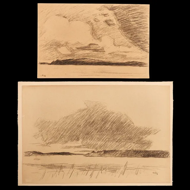 KARL NORDSTRÖM (Tjörn 1855-1923 Drottningholm). Ovädersmoln från Skärmholmen, signerade, en daterad 1914, kol på papper.
