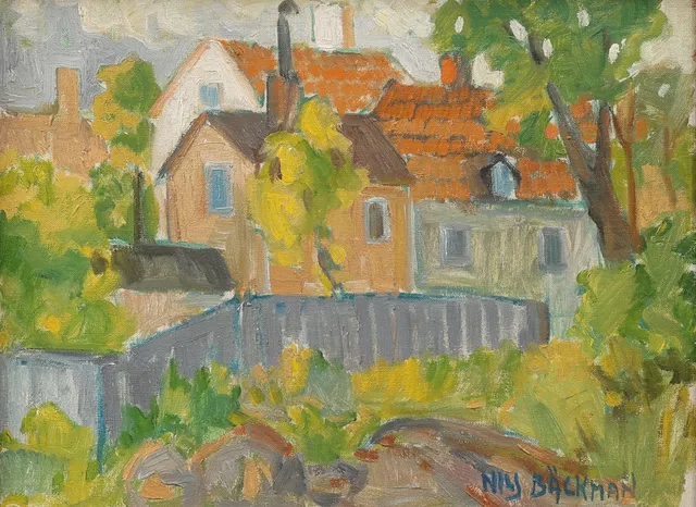 NILS BÄCKMAN (1896-1946). Bymotiv, olja på duk, signerad.