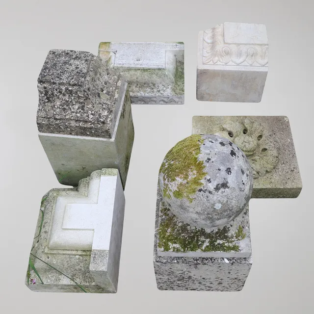 A STONE GATEPOST BALL FINIAL AND OTHER STONEWARE.
