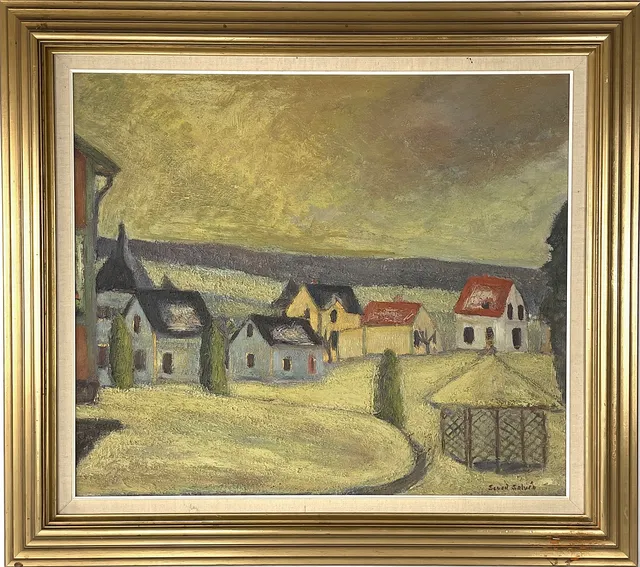SEVED SALVÉN (1903-1982), olja på pannå, by med hus, signerad.