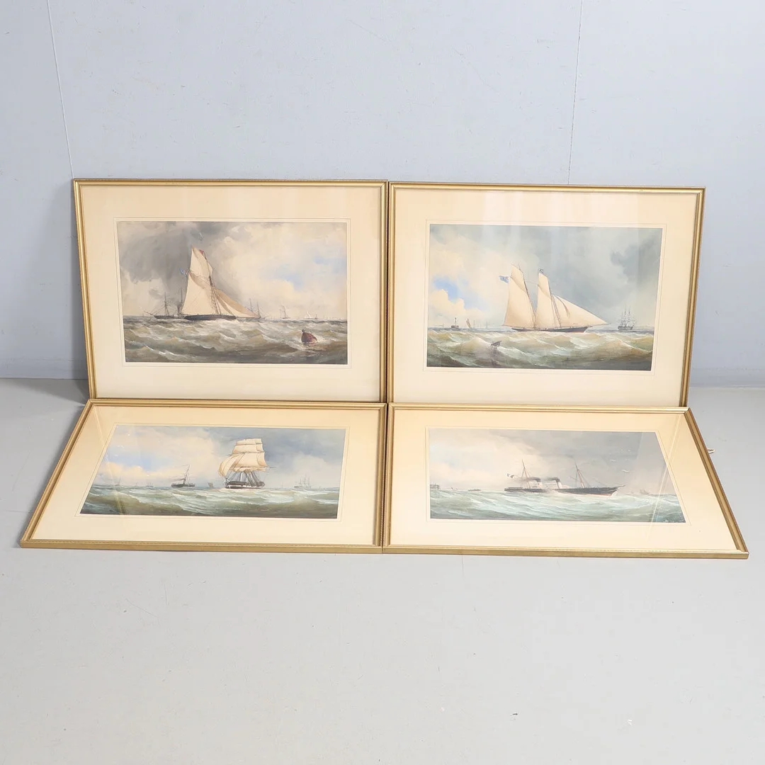 ATTRIBUTED TO ARTHUR WELLINGTON FOWLES (C.1815-1883). 'STEAMBOAT LYING TO FOR PASSENGER OFF DEAL'; 'SCHOONER YACHT OFF THE NORE LIGHT'; 'CUTTER YACHT OFF THE NORE LIGHT'; 'TROOP SHIP ENTERING THE MEDWAY' (A SET OF FOUR). — Paintings — Lawrences Auctioneers