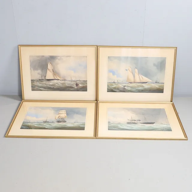ATTRIBUTED TO ARTHUR WELLINGTON FOWLES (C.1815-1883). 'STEAMBOAT LYING TO FOR PASSENGER OFF DEAL'; 'SCHOONER YACHT OFF THE NORE LIGHT'; 'CUTTER YACHT OFF THE NORE LIGHT'; 'TROOP SHIP ENTERING THE MEDWAY' (A SET OF FOUR).