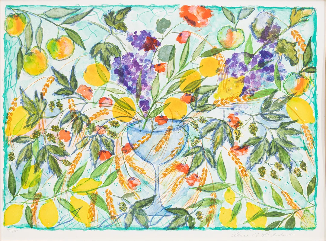 LENA LINDERHOLM. Blommor och glas, färglitografi, signerad och numrerad, lena A. Linderholm, 495/1750. — Engravings & Prints — Auktionshuset Kolonn