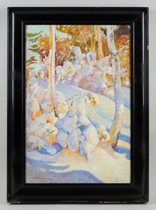 PEKKA HALONEN. Skog i vinterprakt, signerad samt daterad 1914, olja på pannå.