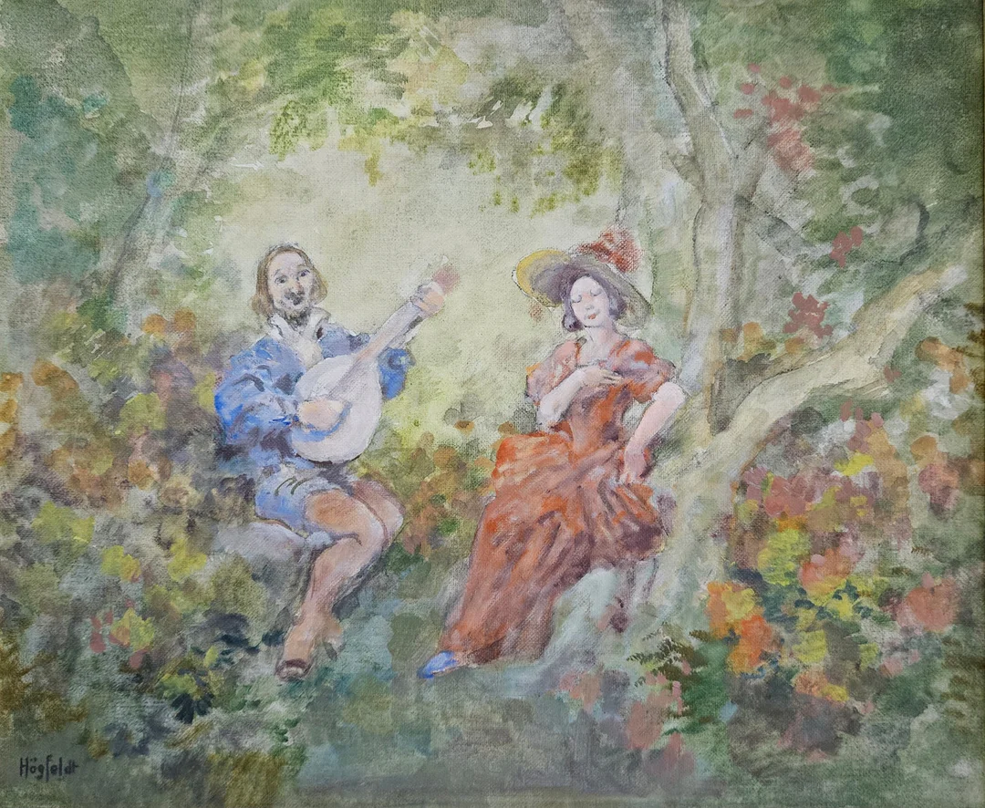 ROBERT HÖGFELDT. "Musikanten fest". Olja på pannå, signerad Högfeldt. — Paintings — Auktionshuset Thörner & Ek