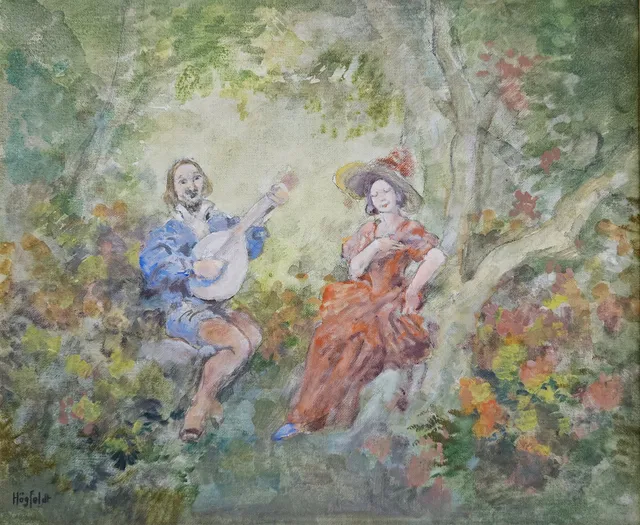 ROBERT HÖGFELDT. "Musikanten fest". Olja på pannå, signerad Högfeldt.
