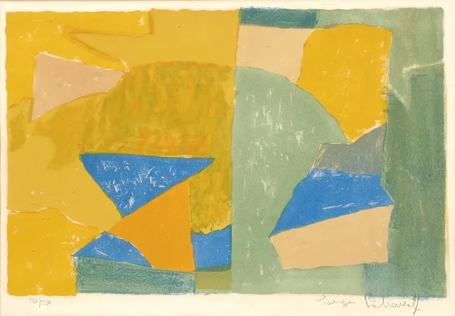 “Composition jaune, verte, bleue et rouge”, 1956. Signed Serge Poliakoff, 120/220. Lithograph in colours. Visble size 36×52 cm.