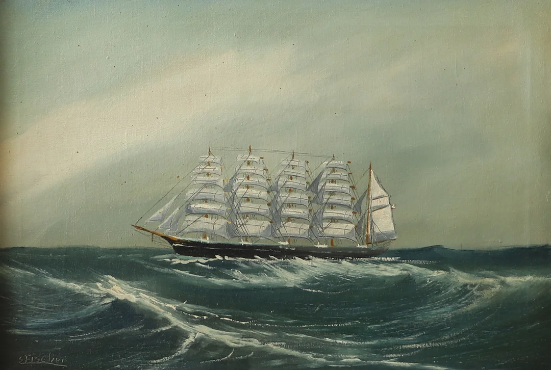 OIDENTIFIERAD KONSTNÄR. Marinmålning, olja på duk, signerad E. Fischer. — Paintings — Helsingborgs Auktionskammare
