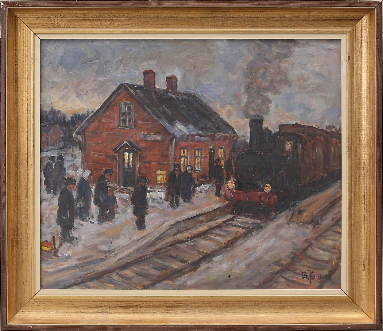 BROR JÖNSSON. Tågstation, olja på duk, signerad B Jönsson. — Paintings — Garpenhus Auktioner