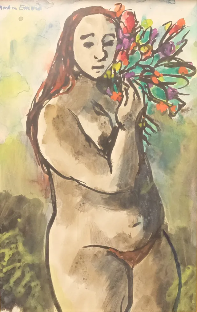 MARTIN EMOND. "MODELL MED BLOMBUKETT", AKVARELL.