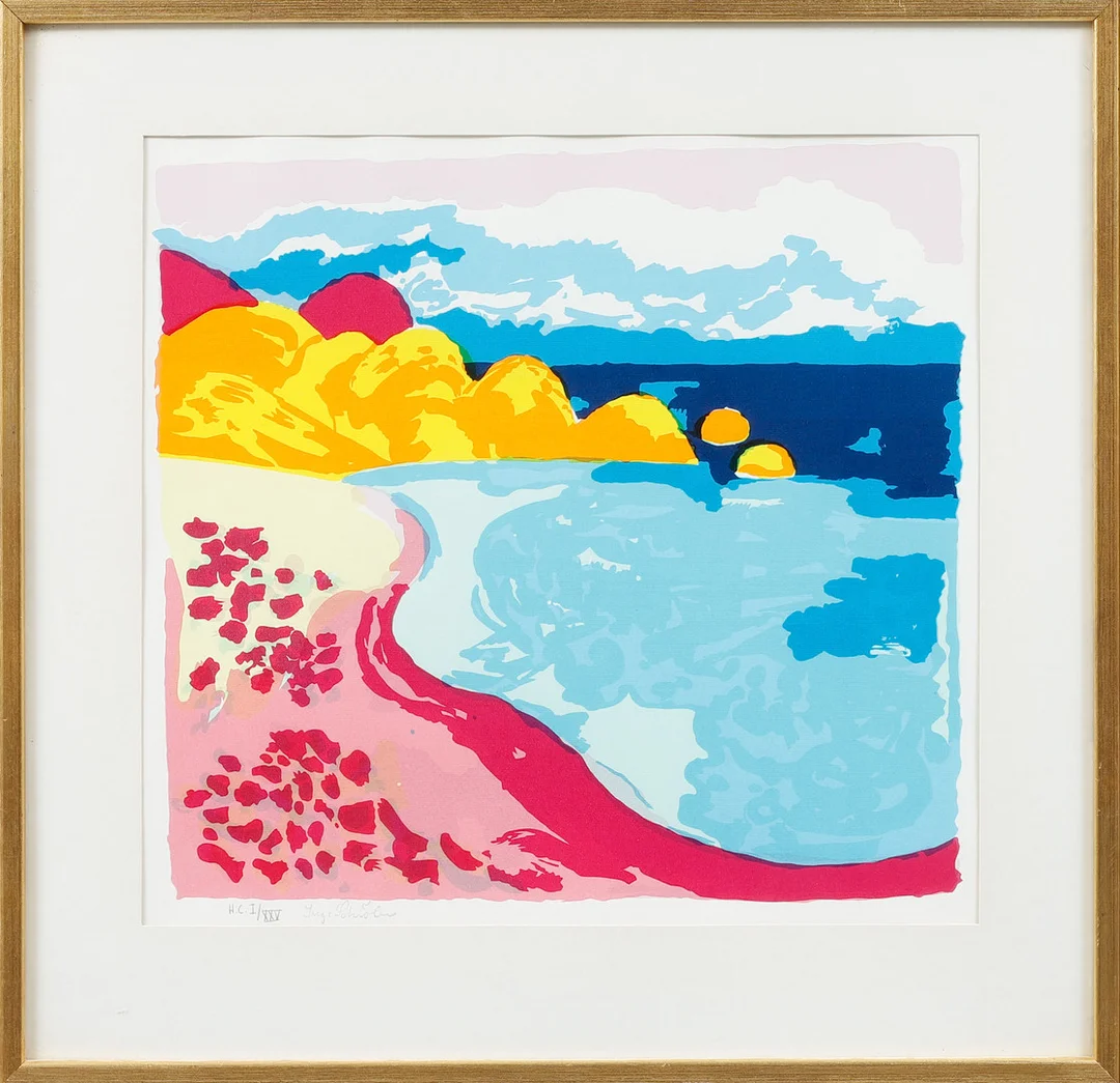 INGE SCHIÖLER. "Kosterfjord", färglitografi, stämpelsignerad och numrerad H.C I/ XXV. — Engravings & Prints — Göteborgs Auktionsverk