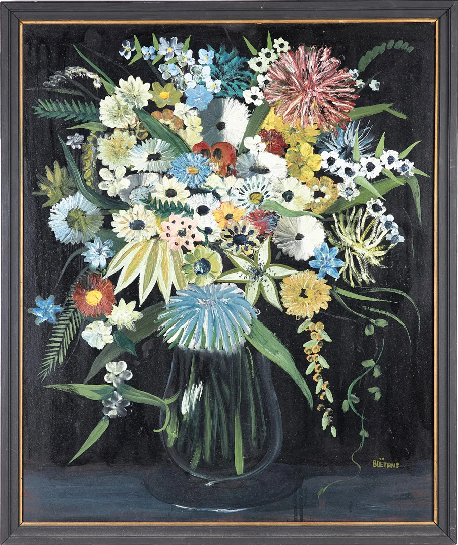 LARS BOËTHIUS. Blomsterstilleben, olja på pannå, signerad Boëthius. — Paintings — Stockholms Auktionsverk Sickla