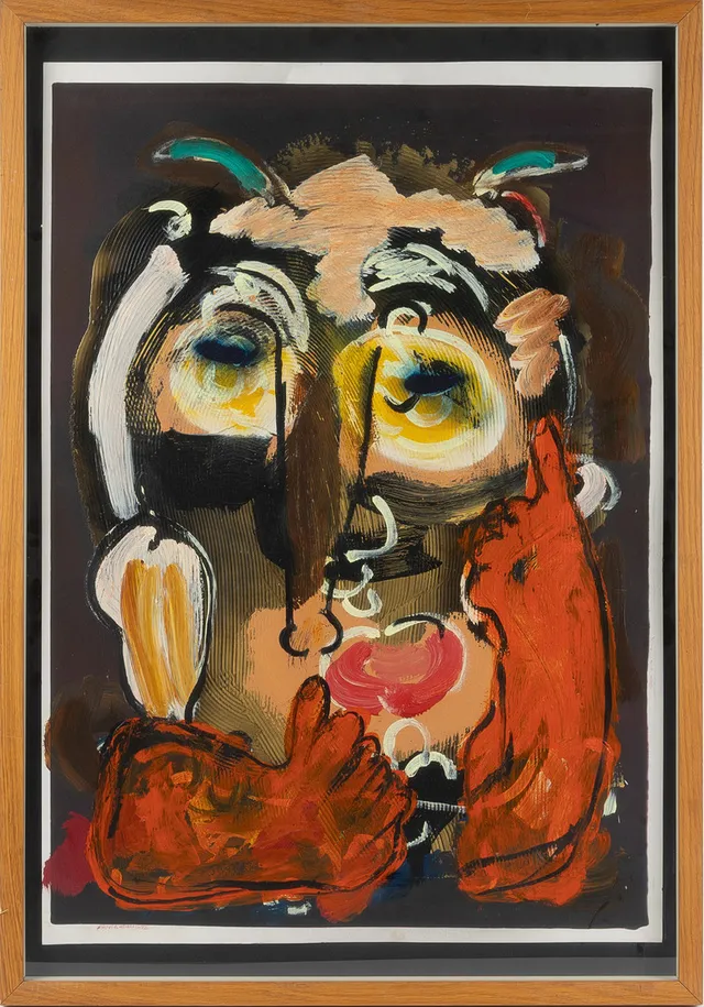 PETER WAHLBECK (FÖDD 1963). Komposition med ansikte, blandteknik på papper.