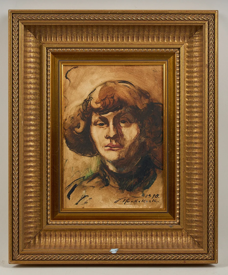 JALMARI RUOKOKOSKI. Porträtt av dam, signerad samt daterad 1918, olja på pannå. — Paintings — Stockholms Auktionsverk Helsinki