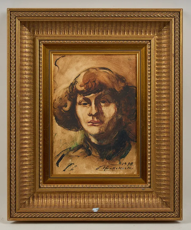 JALMARI RUOKOKOSKI. Porträtt av dam, signerad samt daterad 1918, olja på pannå.