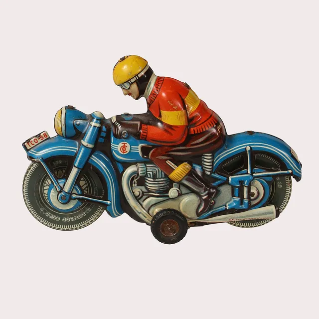 LEKSAKSMOTORCYKEL, Litograferad plåt, märkt TCO-58, made in West Germany.