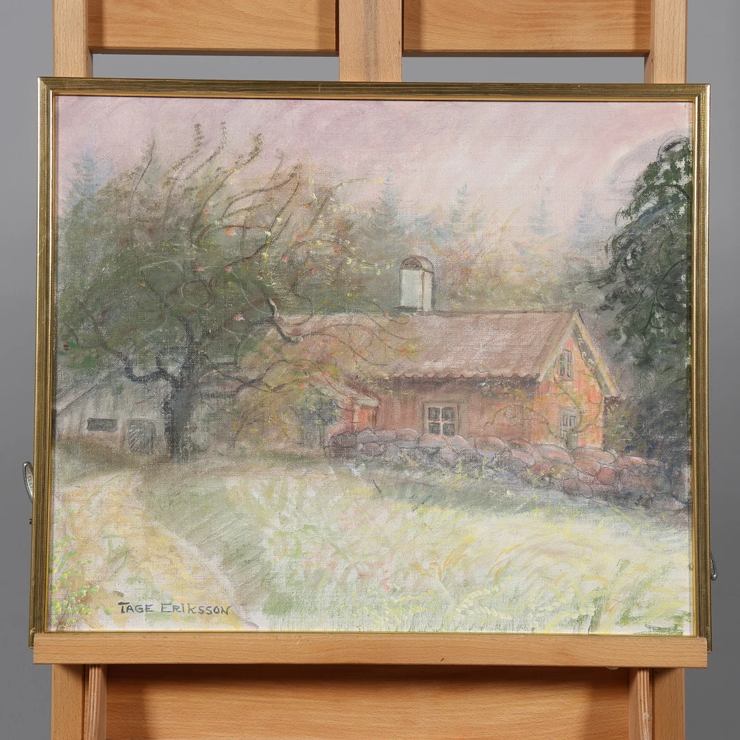 TAGE ERIKSSON. OLJA PÅ PANNÅ, "Torp i Öxabäck", signerad. — Paintings — Borås Auktionshall