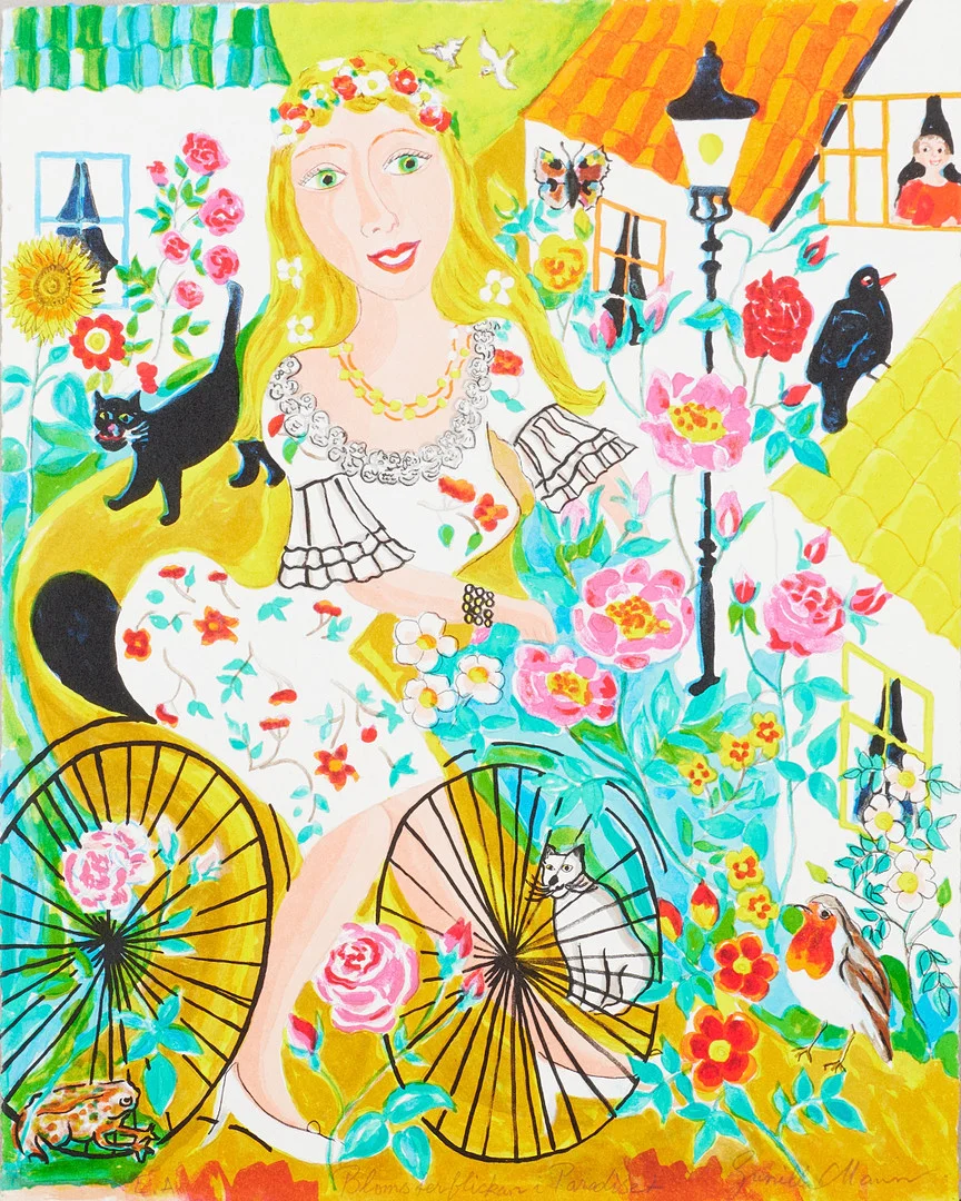 GUNILLA MANN. "Blomsterflickan i paradiset", färglitografi, signerad Gunilla Mann, EA. — Engravings & Prints — Stockholms Auktionsverk Magasin 5