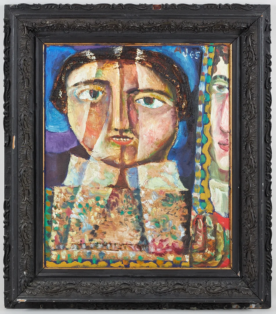 ALPO JAAKOLA. "Gråhårig dam delar sig", signerad samt daterad -65, olja och collage på pannå. — Paintings — Stockholms Auktionsverk Helsinki