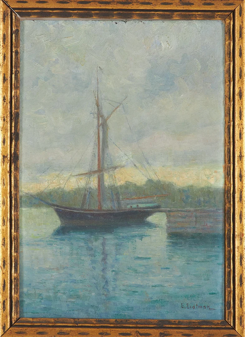 ELIAS ERDTMAN (SVERIGE, 1863-1945). Kustlandskap med segelbåt, olja på pannå, signerad. — Paintings — Stockholms Auktionsverk Sickla