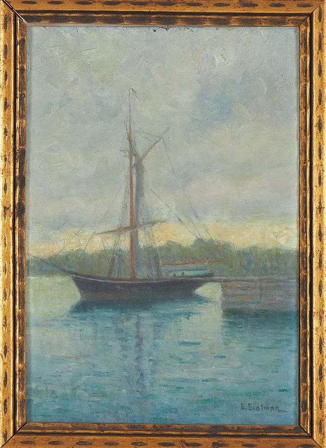 ELIAS ERDTMAN (SVERIGE, 1863-1945). Kustlandskap med segelbåt, olja på pannå, signerad.