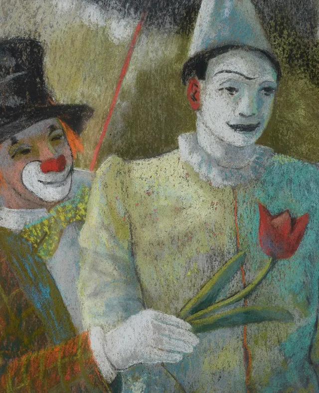 BENGT CARLBERG. "Komisk entrée", pastell, signerad.