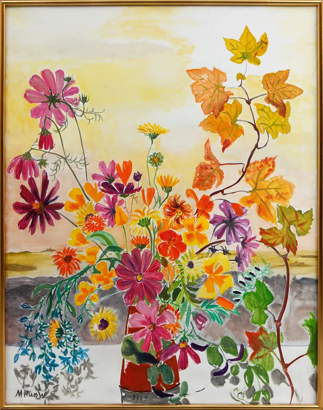MONA HUSS WALIN. Prunkande sensommarblommor i vas. Olja på duk, signerad och daterad 1989.