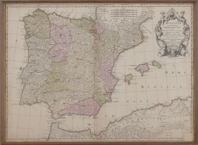 TOBIAS CONRAD LOTTER (1717-1777). "Hispania", karta, kolorerad, 1700-tal.