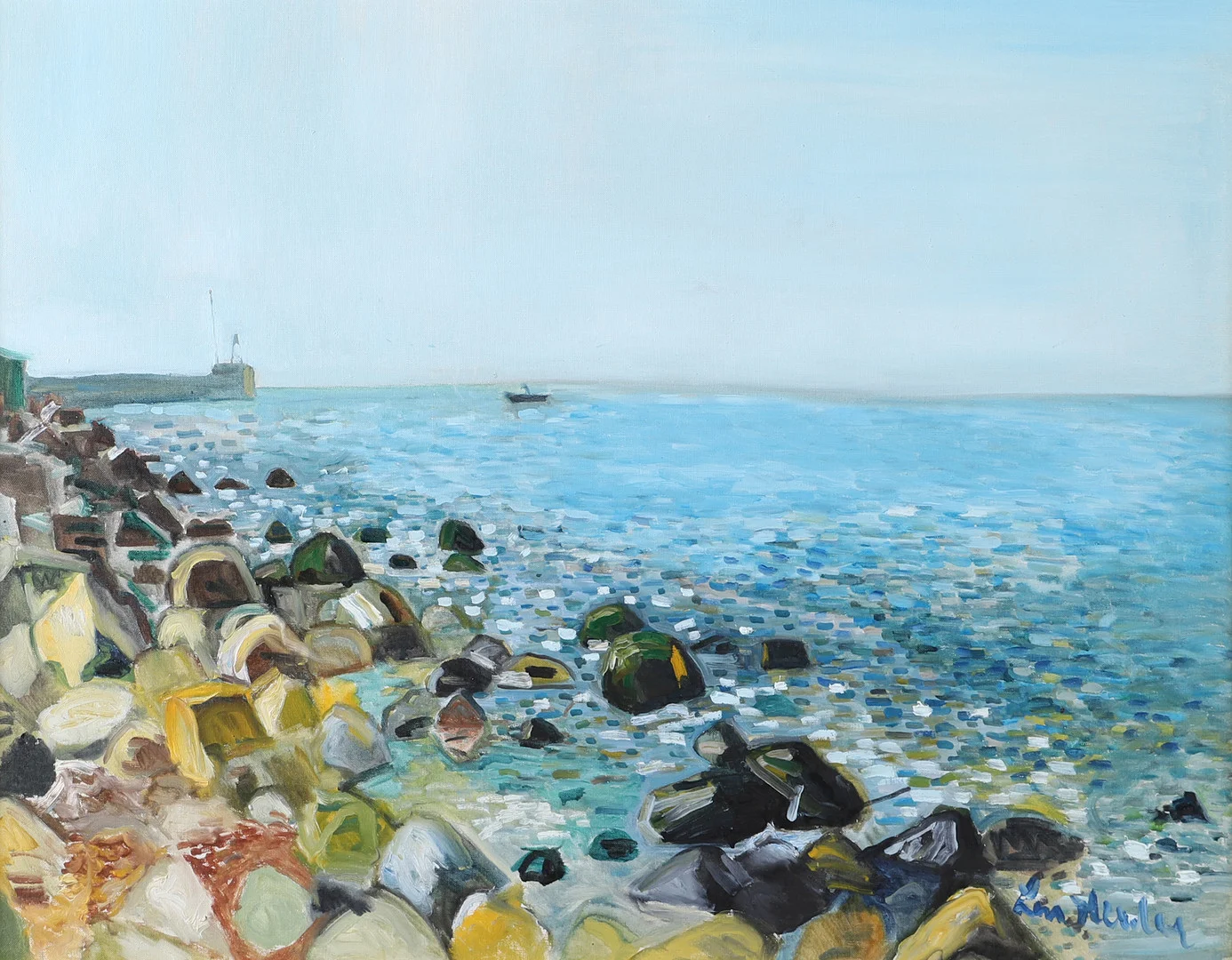 LARS HERDER. Kustparti med piren Helsingborg, olja på duk, signerad. — Paintings — Helsingborgs Auktionskammare