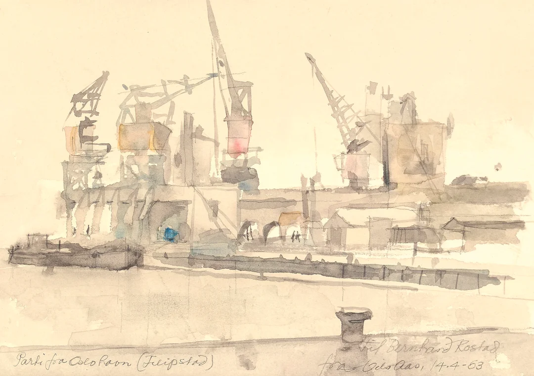 Aas, Nils — "Parti fra Oslo havn (Filipstad)" 1953 — Kunst/Øvrig billedkunst — Blomqvist