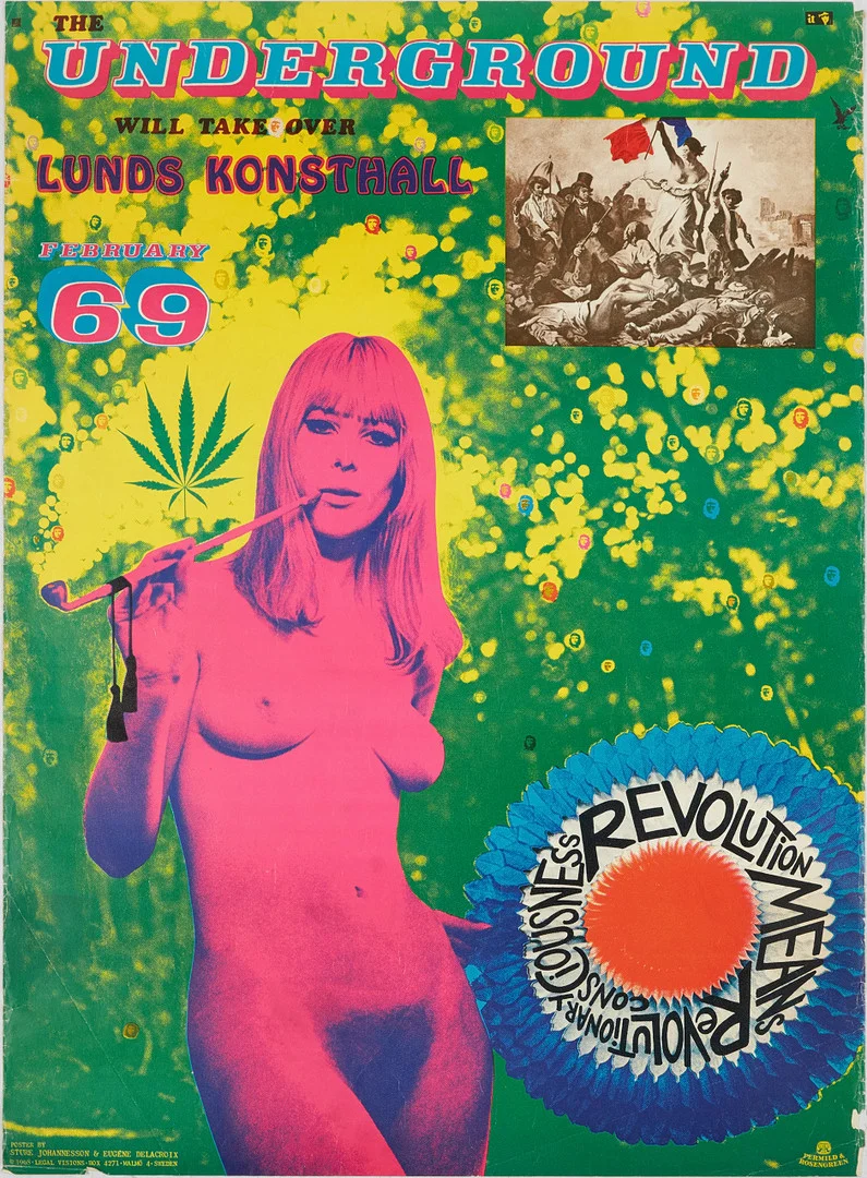 STURE JOHANNESSON & EUGÉNE DELACROIX. "The Underground will take over Lunds konsthall february 69", utställningsaffisch, 1968, Legal Visions, Malmö. — Engravings & Prints — Stockholms Auktionsverk Magasin 5