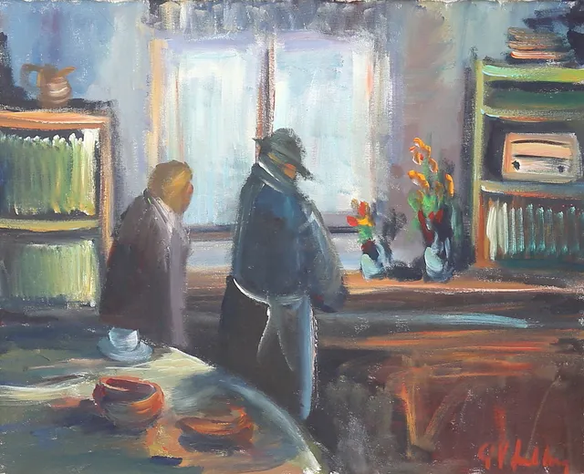 GÖTE LUNDBERG. "Hemkomst". Olja på duk, signerad.