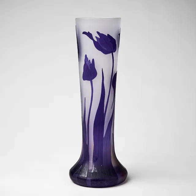 KARL LINDEBERG. Vase, Kosta 1910s, purple overlay with decoration of lilies.