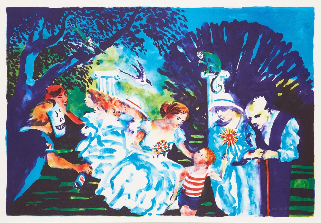 PETER DAHL. "Afton i parken", färglitografi, signerad Peter Dahl och numrerad 82/1500. — Engravings & Prints — Stockholms Auktionsverk Magasin 5