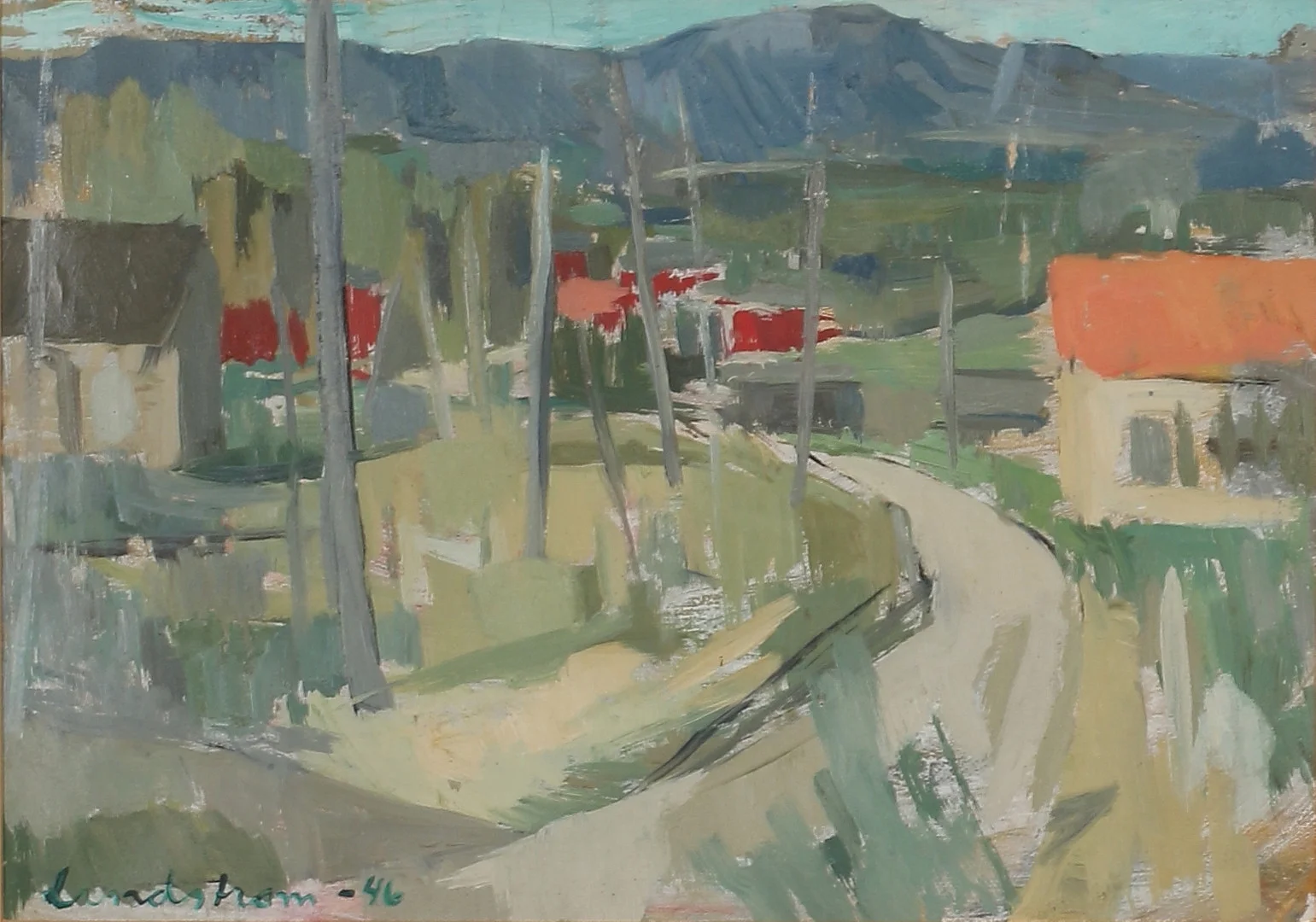 BENGT LINDSTRÖM. Byväg, olja på duk uppklistrad på papp, signerad och daterad -46. — Paintings — Stadsauktion Sundsvall