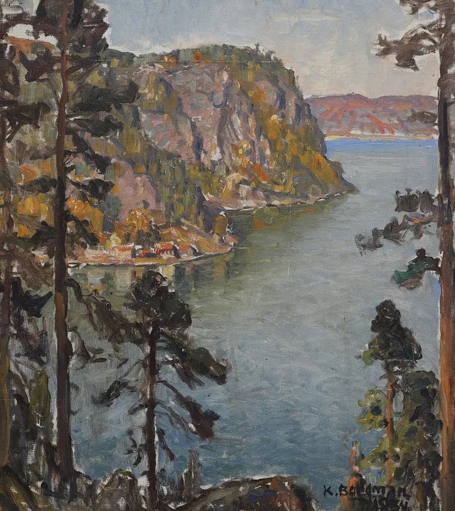 KARL BERGMAN. Olja på pannå, "Dag i Kragerö", signerad, daterad 1934.