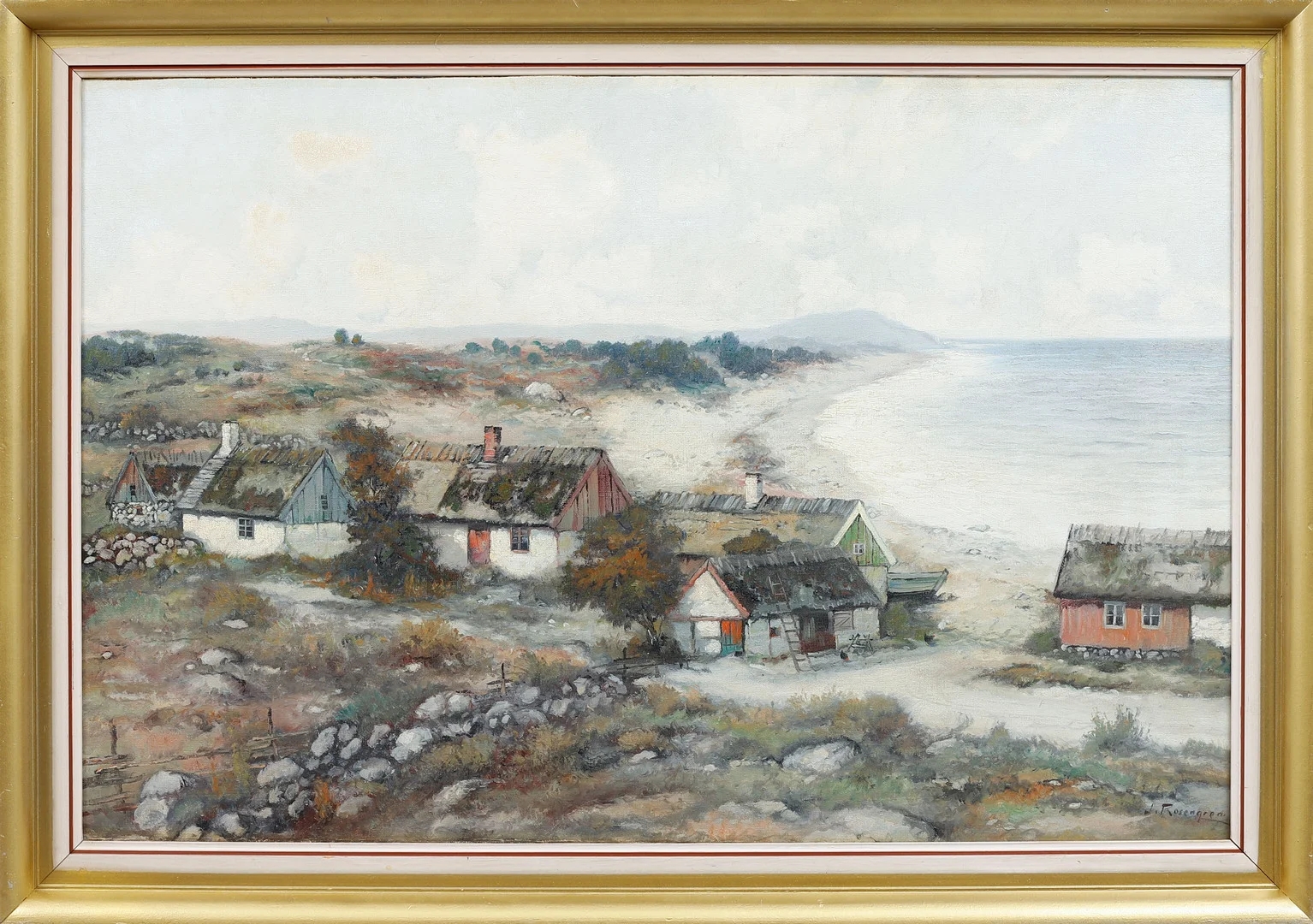 JEAN ROSENGREN. Kustbild med hus, olja på pannå, signerad. — Paintings — Göteborgs Auktionsverk