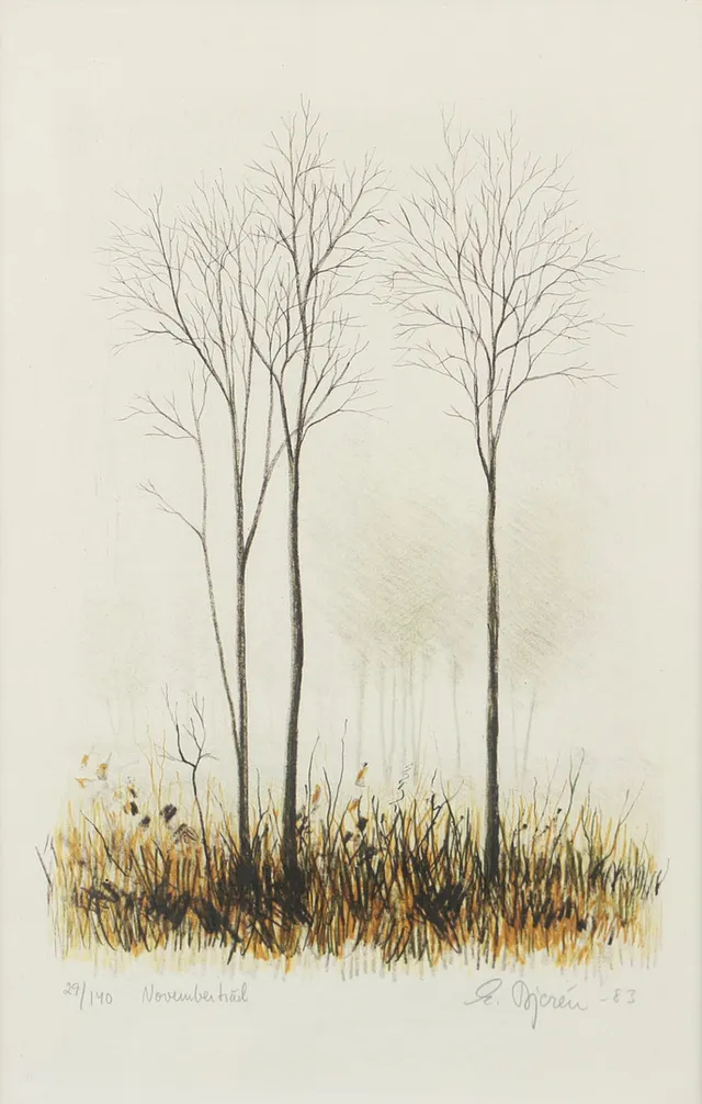 EKE BJERÉN. "Novemberträd", färglitografi, signerad E. Bjerén -83.
