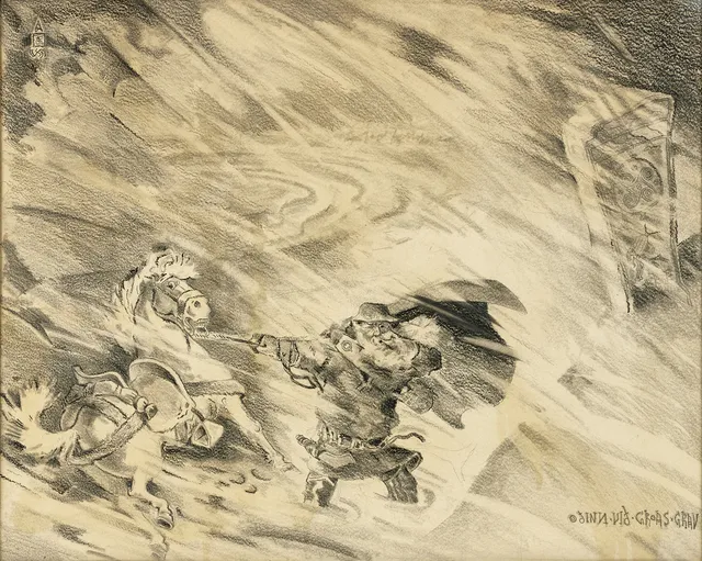 OSSIAN ELGSTRÖM. Odinn vid Groas grav, signerad och daterad 1936, kolteckning.