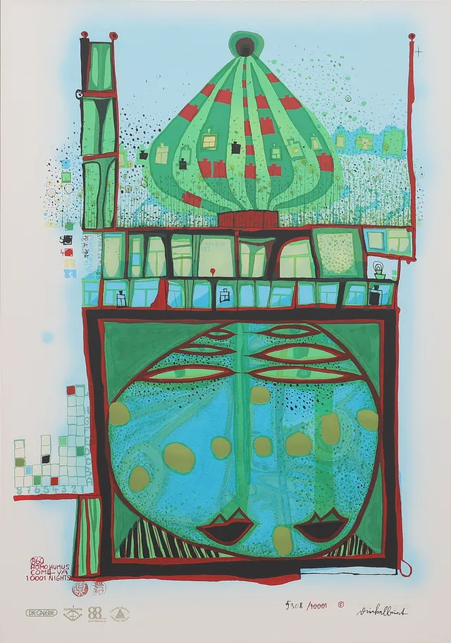 FRIEDENSREICH HUNDERTWASSER. "HOMO HUMUS COME VA 10001 NIGHTS".