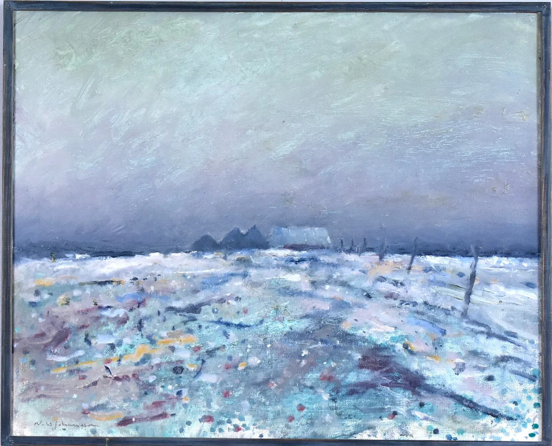 NILS JOHANSSON. oljemålning på duk, "Den första snö". — Paintings — Halmstads Auktionskammare