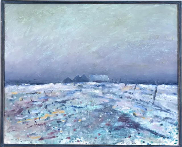 NILS JOHANSSON. oljemålning på duk, "Den första snö".