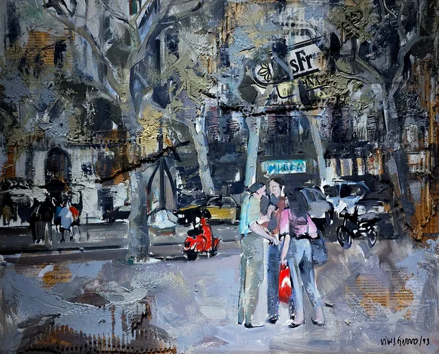 ANTONI VIVES FIERRO. Paseo de Gracia, óleo sobre lienzo, fechado en 1993.