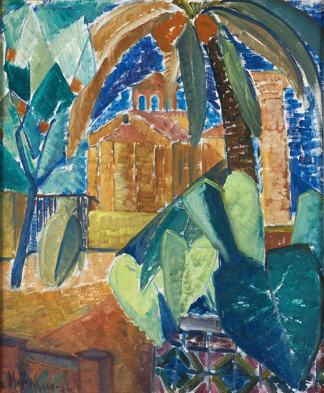 MARTHE BOHM (Warnsdorf/Böhmen 1898-1972), Palmen, betitlad St Petro, signerad och daterad -52 olja på duk på papp.