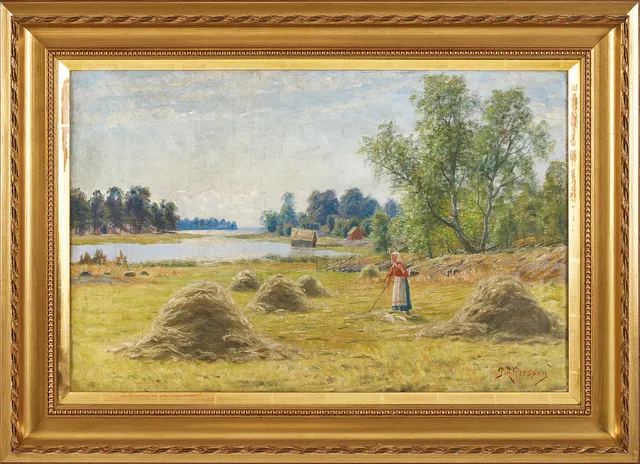 PETER ADOLF PERSSON (1862-1914). Kvinna som hässjar hö, oja på duk, signerad PA Persson.