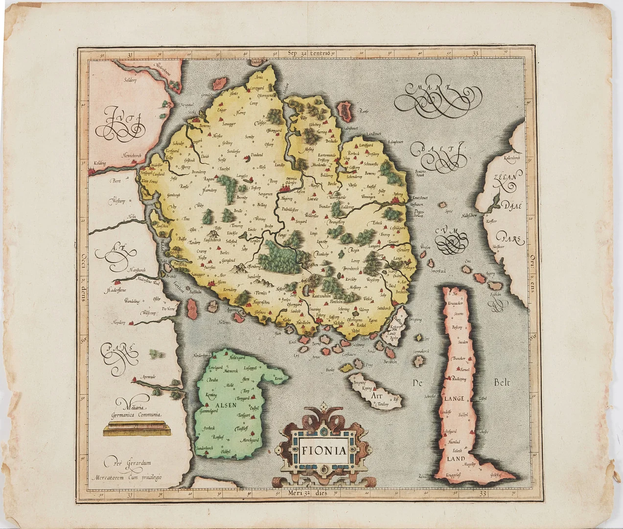 HANDKOLORERAD KARTA FYN - DANMARK, MERCATOR, CA 1610. — Maps — Stockholms Auktionsverk Magasin 5