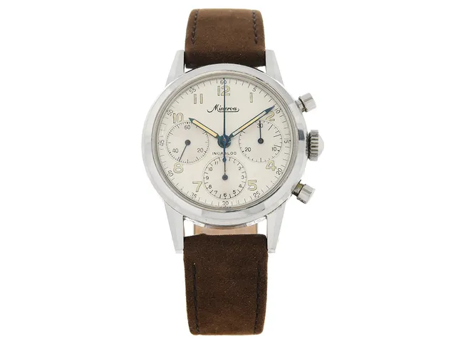 MINERVA, "Incabloc", "Swiss", kronograf, herrur, 36 mm, Cal Valjoux 72, Ref nr. VD 712, Boett nr. 427868, stål, manuell, plexiglas, läderband, ca 1970.